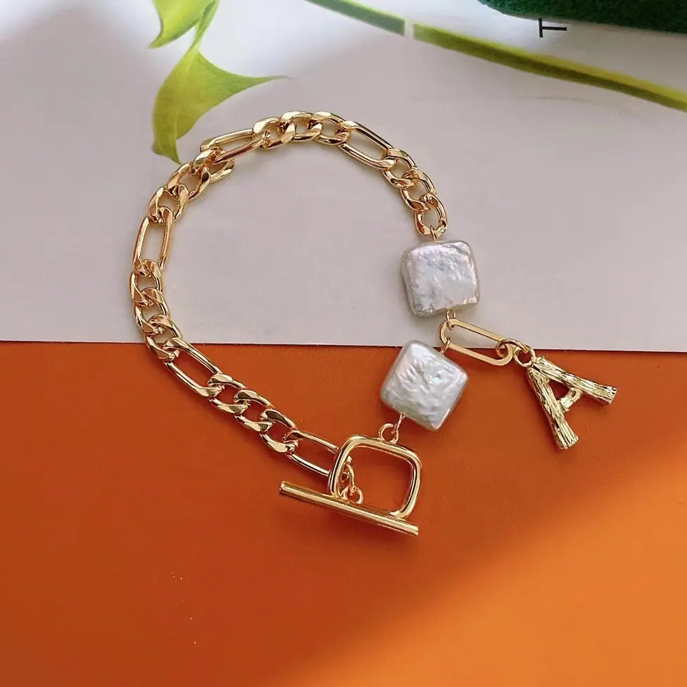 Popular Square Baroque Freshwater Pearl Bracelet Letters Gold Chain Jewelry Handmade Custom Bracelet