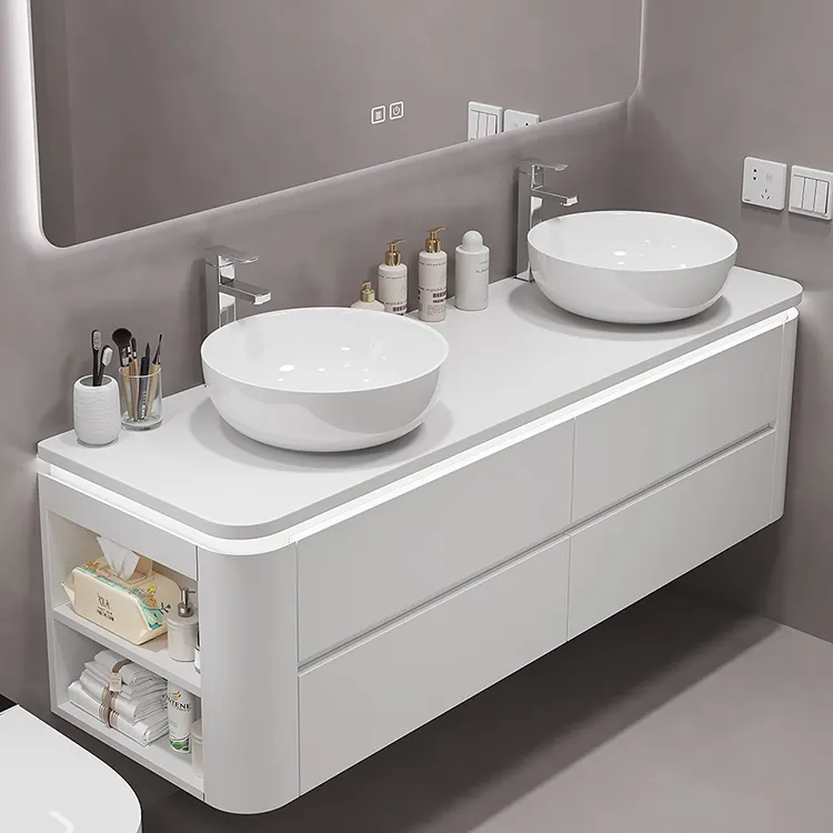 Moderno de madeira vaidade banheiro duplo pia banheiro waterproof counter top bacia lado armazenamento banheiro armário