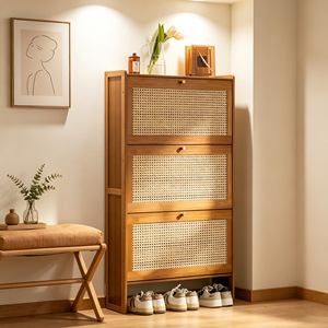 Japanese Style Rattan <b>Shoe</b> Cabinet Ultra Thin Flip Top Space Saving Entryway <b>Storage</b> For Home Small Apartments - Product Image 3