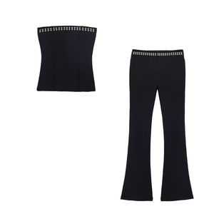 Pantalones y Top de Poliéster Transpirable, Estilo Europeo y Americano, de Cintura Alta, Casuales, Acampanados, Lisos y Teñidos para Mujer - Product Image 3