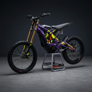 Bicicleta Eléctrica Deportiva de Montaña Surron Light Bee LBX 8Kw Nueva, Color Morado, Verde y Amarillo, con Asiento Negro y Horquillas Doradas - Product Image 3