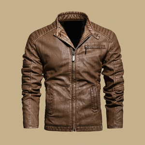 Veste moto en cuir PU marron pour homme, col montant, fermeture éclair, coupe ajustée, pour l'automne - Product Image 1