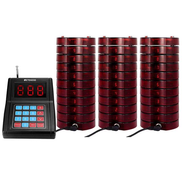 Wireless Pager Queuing System 1 Transmitter 30 Coaster Pagers 433.92MHz 800-1000m Range for Clinic Church Cafe TD165 SU-668