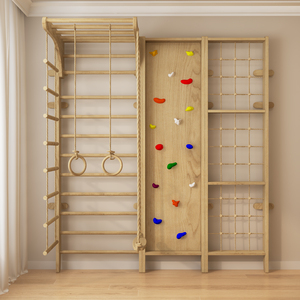 Mur d'escalade intérieur pour enfants avec échelle suédoise en bois, anneaux de gymnastique et toboggan pour aire de jeux, salle d'activités pour tout-petits - Product Image 4