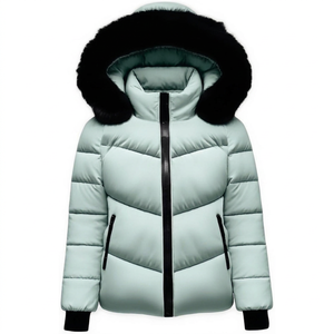 Unisex Light Green <b>Thick</b> <b>Fleece</b> Hooded Embroidered Anti-shrink Puffer <b>Jacket</b> Fur Trim Windproof Zipper Closure Casual Winter - Product Image 1