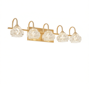 Applique murale moderne en cristal pour salle de bain, 5 lumières, dorée, avec abat-jour en verre transparent, lampe de miroir blanc chaud - Product Image 1