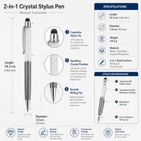 Pena Bolpoin Crystal Stylus 2 in 1, Pena Layar Sentuh dengan Ujung Karet Lunak, Klip Logam, Portabel, Cetak Sablon, Berkilau
