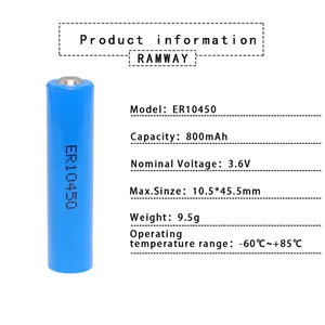 Factory Wholesale ER10450 3.6V 800mAh AAA Small Size GEB 10450 Lithium Headset Rechargeable Battery for GPS Tracker