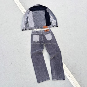 New Arrival Custom Patchwork Washed Denim Jacket and Jeans <b>Pants</b> Set Heavyweight 14 Oz Jogging Suit Jeans Denim Set - Product Image 2