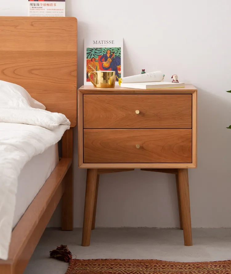 Nordic Solid Wood Bedside Table White Oak Cherry Wood Modern Nightstand 2 Drawer Storage Cabinet Bedroom Furniture