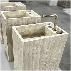 Vasques sur pied en travertin beige naturel moderne, résistantes à l'eau, pour villas, hôtels, hôpitaux - Product Image 5