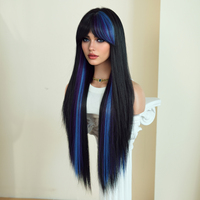 Perruques synthétiques longues et droites de 34 pouces, ombrées noir à bleu, avec mèches, franges, en fibre résistante à la chaleur, aspect mat naturel