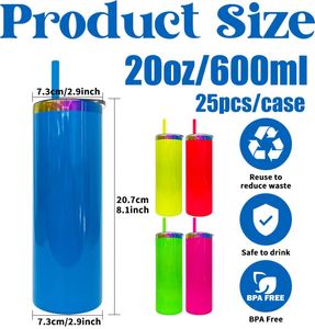 Gobelet droit et fin de 20 oz, plaqué arc-en-ciel, avec logo personnalisé, revêtement poudré, couleur néon fluorescente, pour gravure au laser - Product Image 2