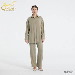 2 Piece Muslim Women Plant-<strong>based</strong> Fabric Tunis Set Lapel Lyocell Shirt &amp; Wide-Leg Pants Casual Modest Islamic <strong>Outfit</strong> - Product Image 2