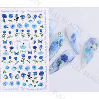 Autocollants pour ongles motif rose printanière rouge, rose, bleu, motifs floraux, feuilles, lignes, décalcomanies 3D auto-adhésives pour décoration d'ongles