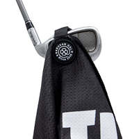 Serviette de golf en microfibre noire avec logo personnalisé, badge brodé, personnalisable OEM ODM, séchage rapide, cadeau