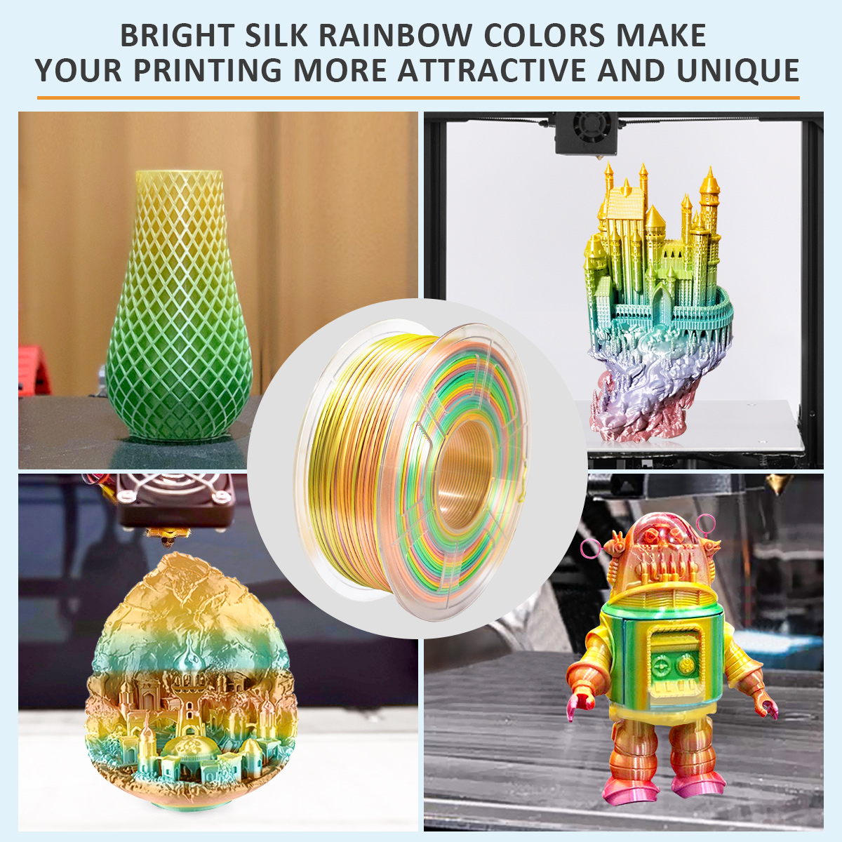 PLA soie arc-en-ciel 1.75Mm impression 3D Filament Pla multicolore