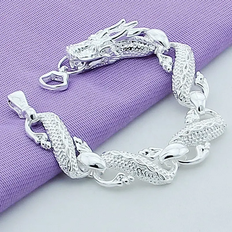 Gioielli di moda da uomo con bracciale a catena drago cinese bianco placcato in argento Sterling 925 di nuova moda all'ingrosso della fabbrica