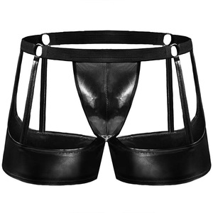 Boxers sexy pour hommes en similicuir taille basse avec découpes pour porte-jarretelles, sous-vêtements noirs en Spandex - Product Image 5