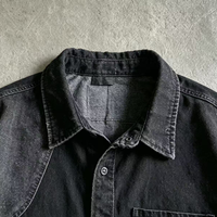 Kemeja Denim Oversize OUNA Pria Lengan Pendek Kancing Depan Hitam Patchwork Raw Hem Katun Custom Streetwear Heavyweight
