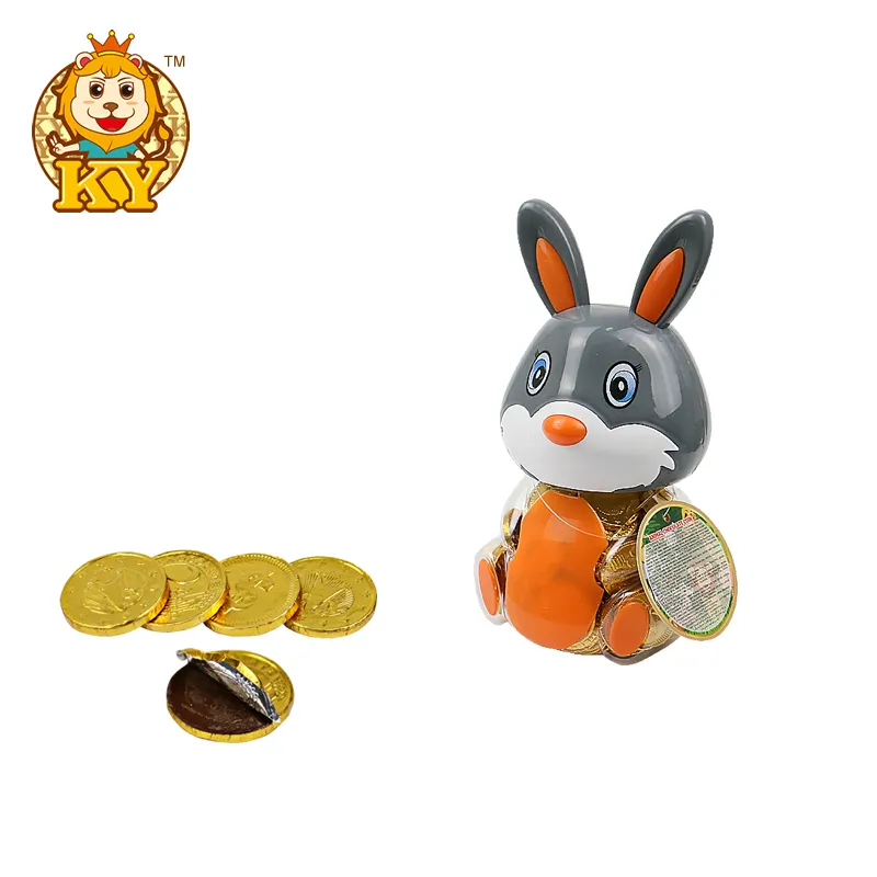 Custom kid dolce snack di plastica forma di barattolo di coniglio con cioccolato golden coin candy