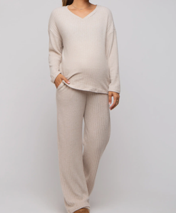 Pyjama de maternité pour allaitement, vêtements de nuit confortables, vêtements décontractés pour la maison, vêtements pour femmes enceintes, ensemble de pyjama en tricot côtelé doux à manches longues - Product Image 1