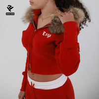 Ensemble veste courte à capuche avec fourrure et pantalon de survêtement en molleton pour femme, avec poche sur le bras, deux pièces, coupe ajustée, survêtement chaud d'hiver