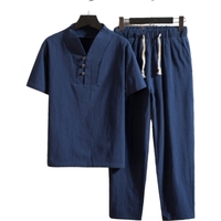 Ensemble Homme Chemise et Pantalon Élégants en Lin/Coton Uni, Respirant, Essentiel d'Été au Design Tissé, Style Décontracté