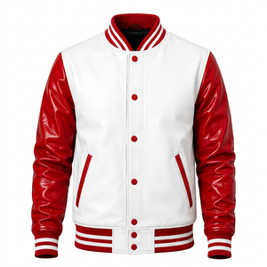 เสื้อแจ็คเก็ต Pro Mue Varsity สำหรับผู้ชาย สีแดงขาว หนัง PU สไตล์ลำลอง สำหรับฤดูใบไม้ร่วง พิมพ์ลายตัวอักษร ปกคอพับ แขนเสื้อแบบปกติ - Product Image 1