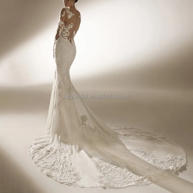 Volants Train Dentelle Appliques Sirène Robe De Mariée 3D Fleur Dernière Conception Illusion À Manches Longues Mince Taille Ceinture Tulle Robe De Mariée