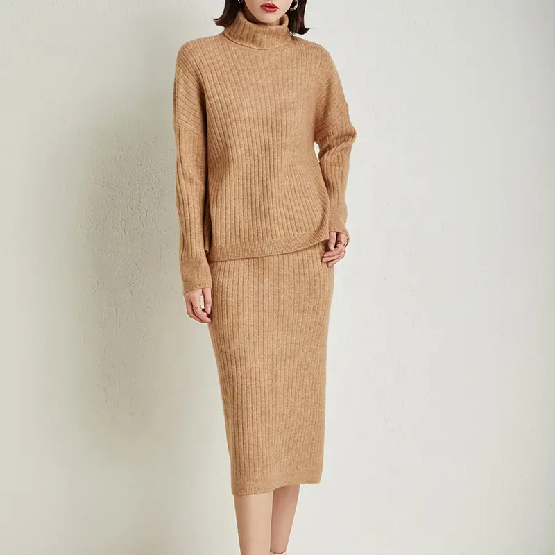 महिलाओं वसंत शरद ऋतु उच्च कॉलर स्वेटर बुनना स्कर्ट सूट आकस्मिक महिलाओं के दो-पीस सूट