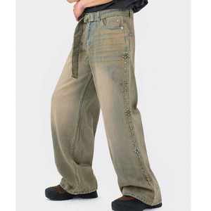 Jean en denim délavé avec ceinture à perles pour le printemps et l'été 2026, nouveau pantalon décontracté rétro américain délavé et usé - Product Image 5