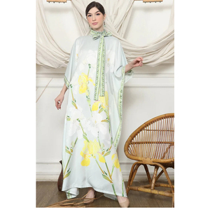 LEDUO Customized Elegant Vintage Casual Loose Green Stain Women Floral Print Neck Tie <b>Kaftan</b> - Product Image 1