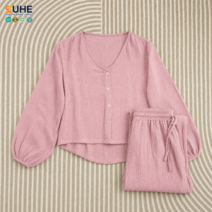 Conjunto de Pijama de Gasa Arrugada 100% Algodón para Mujer, Cuello en V, Manga Larga, con Botones, OEM ODM, Personalizado por SUHE - Product Image 5