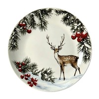 Assiette de Noël en céramique avec rennes, paysage enneigé, branches de pin et baies rouges, compatible micro-ondes, style Instagram, pour occasions festives