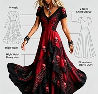 Robe mini fluide vintage pour femme, noire et rouge, à imprimé crâne et toile d'araignée, col mandarin, épaules dégagées, taille empire, avec logo frontal, hiver
