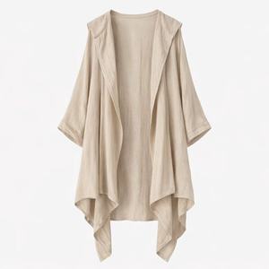 Cárdigan con Capucha de <span class=keywords><strong>Lino</strong></span> Color Beige Avena Personalizado para <span class=keywords><strong>Mujer</strong></span>, con Frente Abierto y Dobladillo Irregular, Corte Holgado Elegante para Damas. - Product Image 2