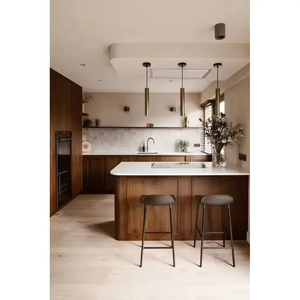 Vermonhouzz Armoires de <span class=keywords><strong>cuisine</strong></span> modernes personnalisées en noyer massif sans poignées <span class=keywords><strong>avec</strong></span> <span class=keywords><strong>îlot</strong></span> <span class=keywords><strong>central</strong></span> en quartz blanc - Product Image 3