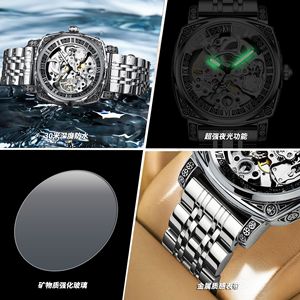 Binbond Men's Automatic Mechanical Watch Skeleton Design Luminous Stainless Steel Bracelet 50m Waterproof H1277 - Product Image 3