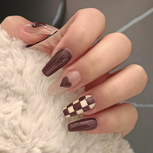 Faux ongles tendance à presser, 24 pièces, longs, forme cercueil, <span class=keywords><strong>French</strong></span> <span class=keywords><strong>manucure</strong></span>, motif damier, réutilisables pour le streetwear et les soirées - Product Image 3