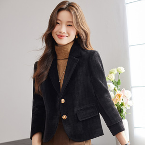 Women Velvet Blazer Black Short Professional Solid Color Polyester Fabric Women's Blazers - Product Image 1