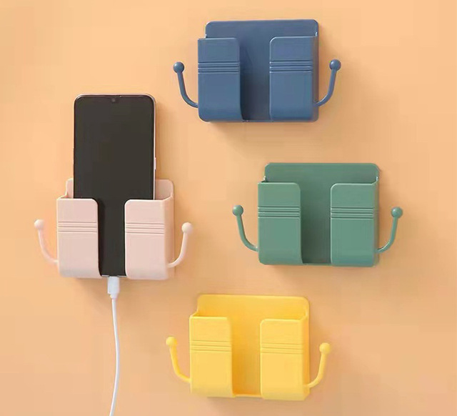 Phone Accessories Wall Mount Adhesive Mobile Phone Wall Charger Holder and Remote Control Stand Multipurpose Storage Box