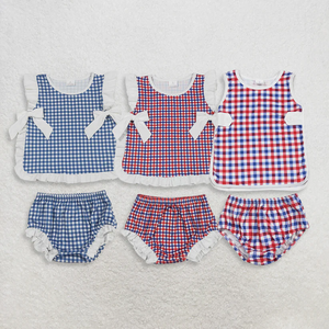 Conjunto de Pantalones Cortos para Niñas RTS GBO0527, Diseño a Cuadros Rojos y Azules, Sin Mangas, para el 4 de Julio - Product Image 1