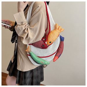 Borsa a Spalla Lavorata a Maglia con Nappa Stile Bohemien Retrò a Forma di Pesciolino Carino, Borsa Tote in Tela Traforata con Decorazione 3D a Pesce Lavorata <span class=keywords><strong>all</strong></span>'<span class=keywords><strong>Uncinetto</strong></span>, Regalo per Donna - Product Image 1