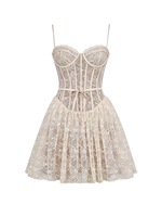 Nouveau design dentelle florale licou couleur unie robe de soirée Sexy dos nu mince poisson os court blanc femmes Mini robe