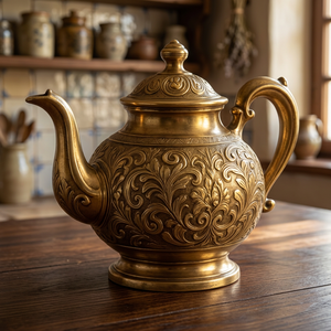 กาน้ำชาทองเหลืองโบราณพร้อมฝาและหูจับ ลายสลักประณีต กาต้มน้ำโลหะ - Product Image 4