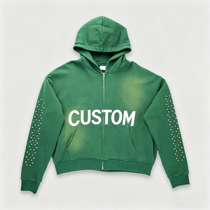 Completo Sportivo Personalizzato Due Pezzi: Felpa con Cappuccio con Zip e Strass Effetto Acido e Pantaloni della Tuta Larghi da Uomo, Set Oversize Pesante - Product Image 2