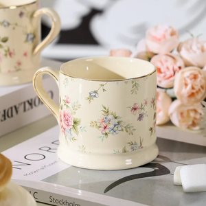 แก้วกาแฟเซรามิควินเทจลายดอกไม้สไตล์ยุโรป 290 มล. ทาสีทอง สำหรับดื่มน้ำชายามบ่าย อาหารเช้าที่บ้าน ของขวัญทางธุรกิจ ใส่นม ปลอดภัยสำหรับอาหาร - Product Image 1