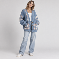 Cardigan surdimensionné à carreaux pour femme, col en V, en tricot gaufré, boutonné, avec poches, OEM ODM