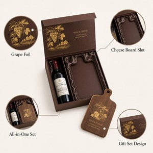 Custom <strong>Wine</strong> <strong>and</strong> <strong>Cheese</strong> Board <strong>Gift</strong> Set Box Warm Wood Rigid Box with Gold Foil <strong>Wine</strong> Bottle <strong>and</strong> <strong>Cheese</strong> Board Packaging - Product Image 3
